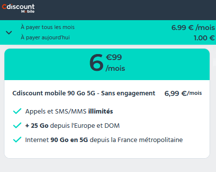 🕵️ CDiscount Mobile, illimité/90Go en 5G à 7€/mois (sans limite)