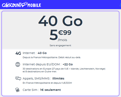 🔥 CDiscount Mobile, illimité/40Go à 6€/mois (sans limite)